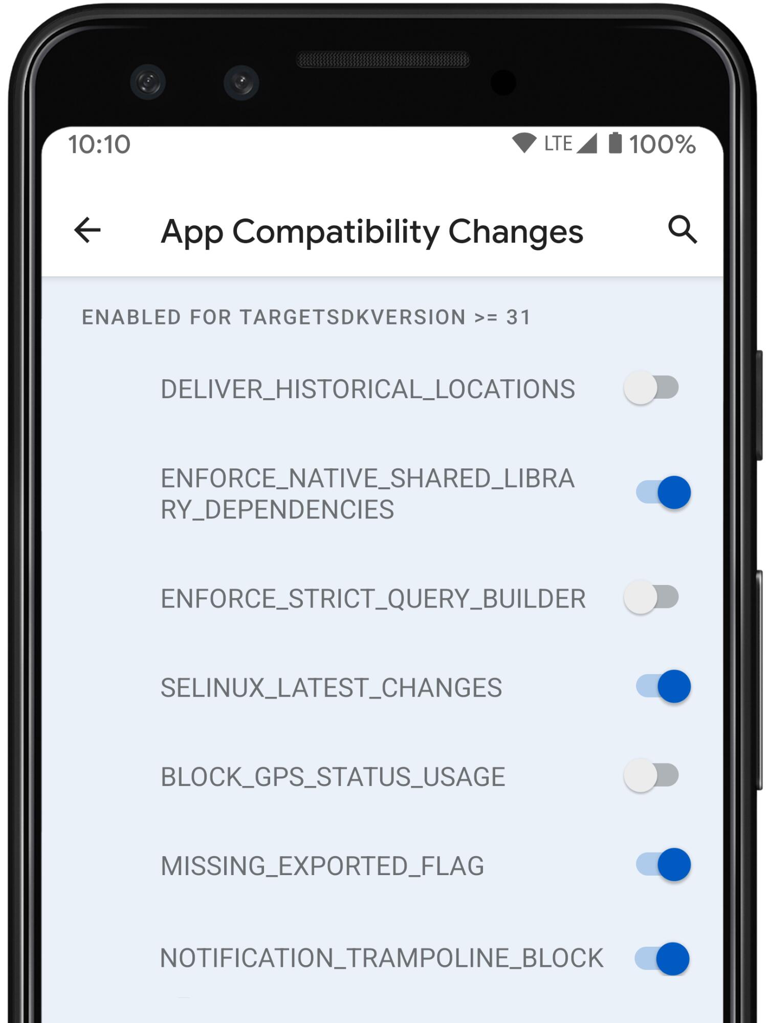 mobile display of App Compatibility Changes with toggles